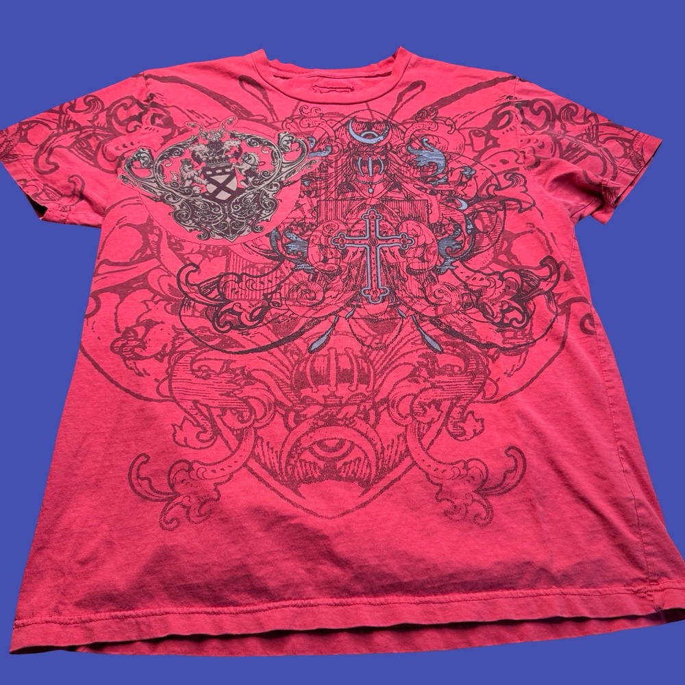 M Bark T Shirt M Red Gothic Cross Crest Tattoo Graphic All Over Print Y2K